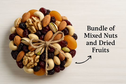 Bundle of nuts and dried fruits with explicative arrow.